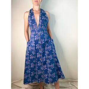 HAPPY NATURE Halter Denim Floral Maxi Dress US 2 NWT